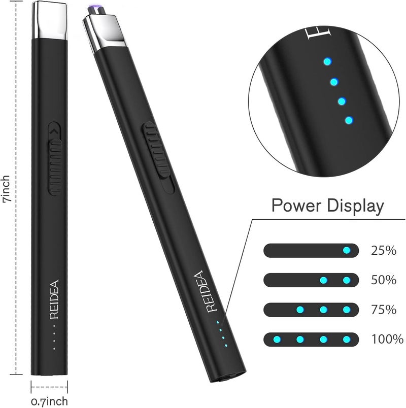 REIDEA ولاعة كهربائية 2 حزمة، مقاومة للرياح بدون لهب قابلة لإعادة الشحن عبر USB مع زر أمان ومؤشر طاقة للشمع والشواء والألعاب النارية، أسود أوبسيديان - Image 2